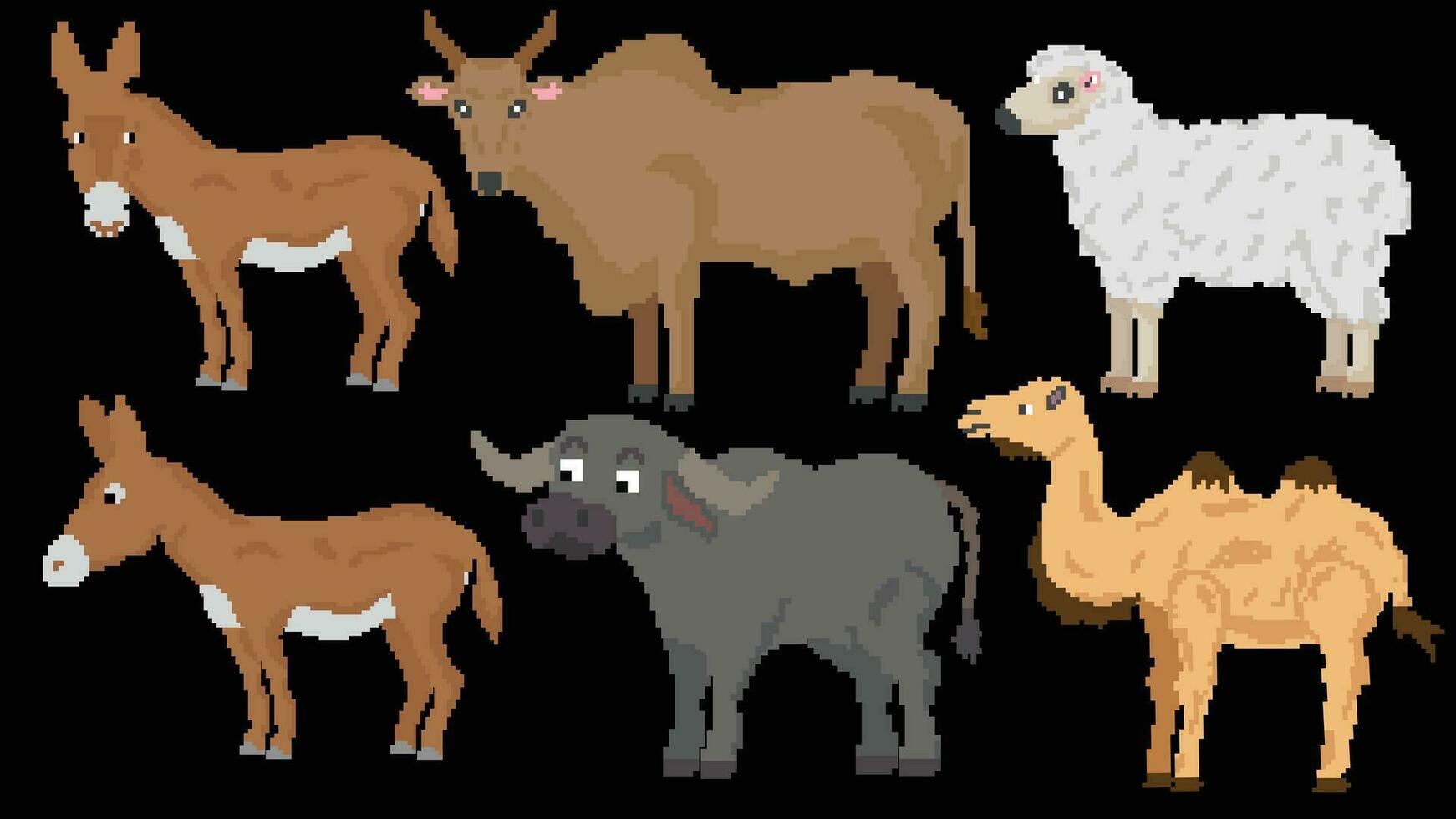 Farm animals designed based on 8 bit size. Suitable for your game assets, Donkey, Sheep, Cow, Camel and Water buffalo vector