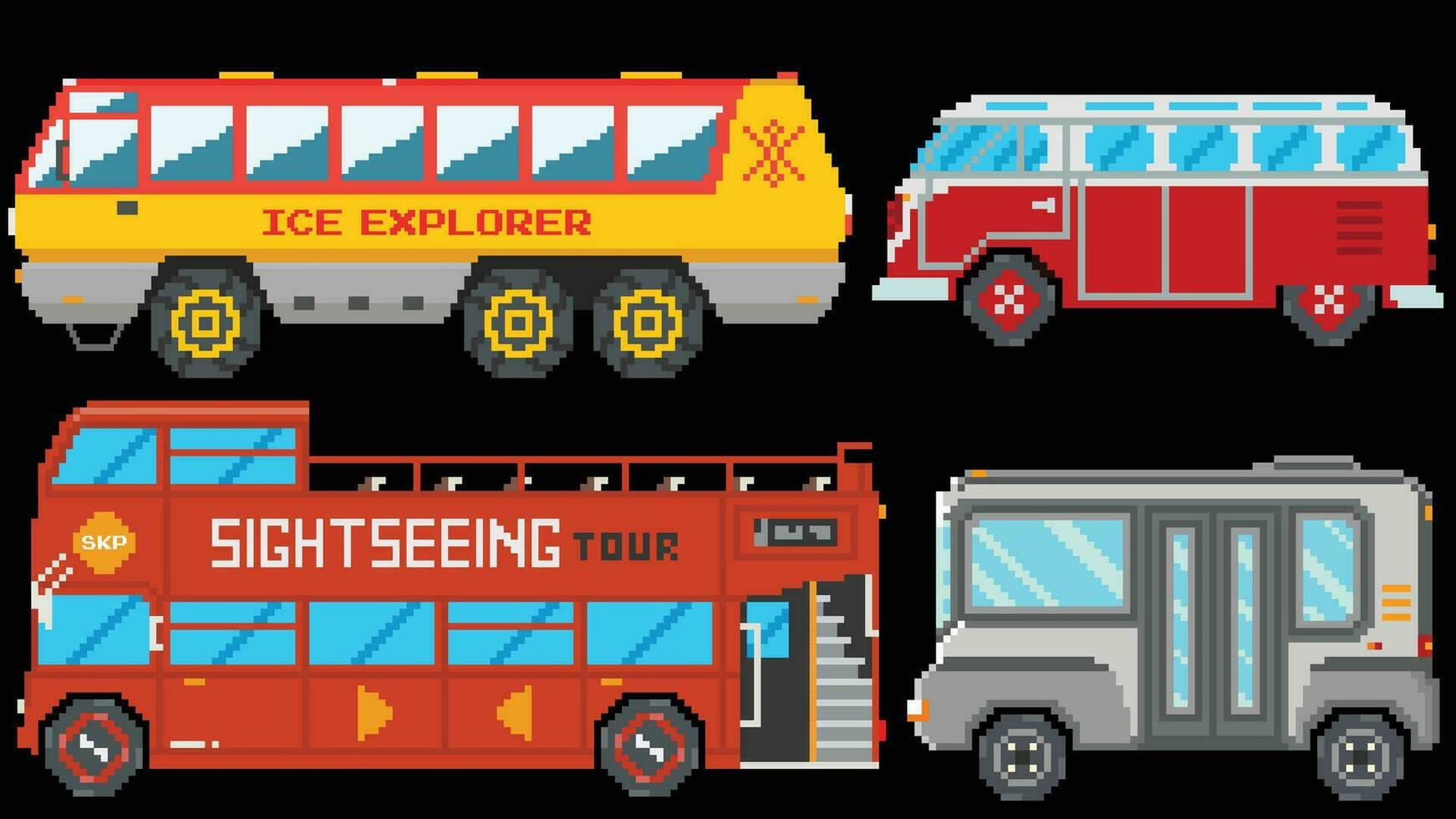 City Buses set designed based on 8 bit size. Suitable for your game assets. vector
