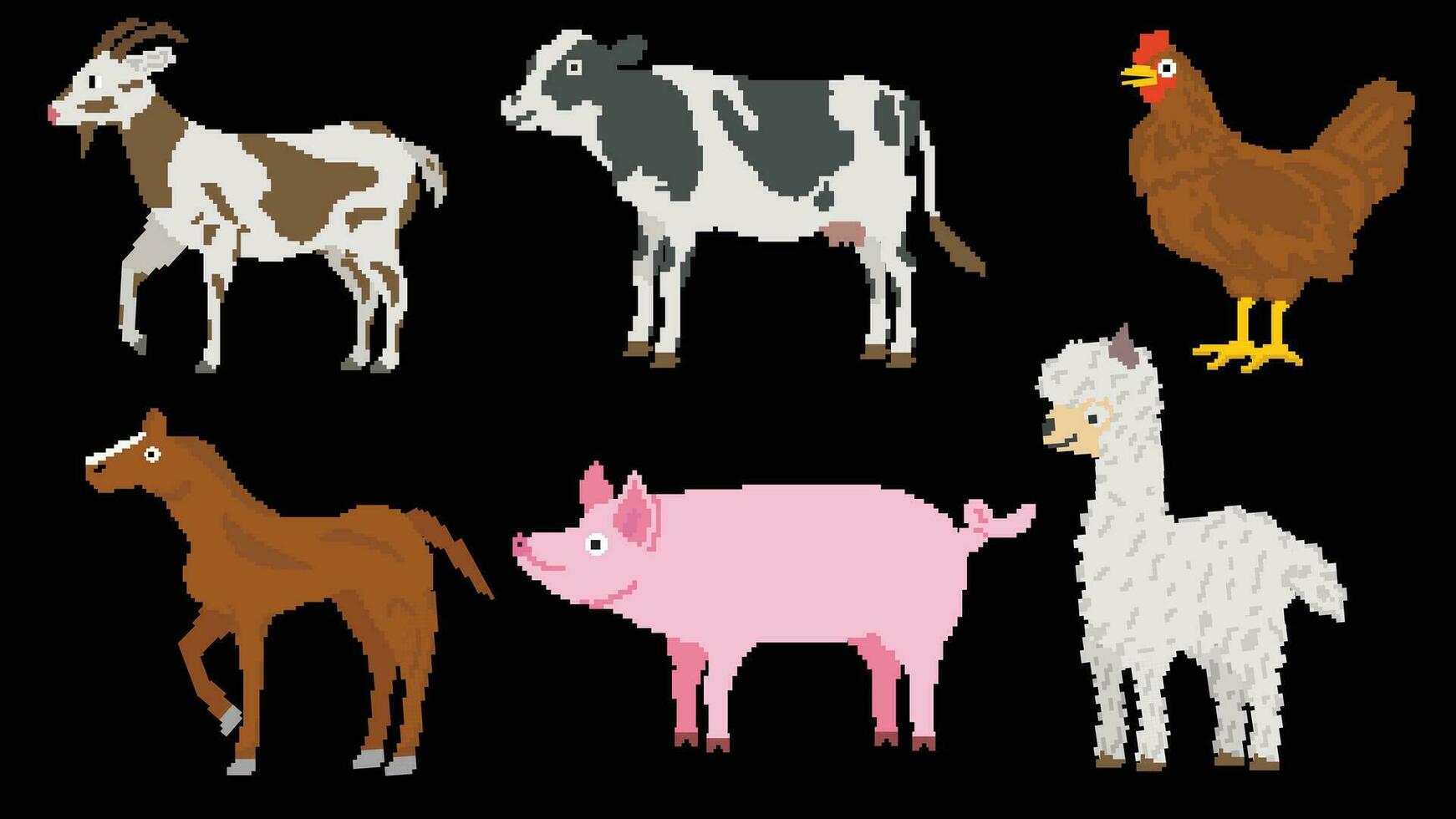 Farm animals designed based on 8 bit size. Suitable for your game assets, Goat, Cow, Chicken, Alpaca, Pig and Horse vector