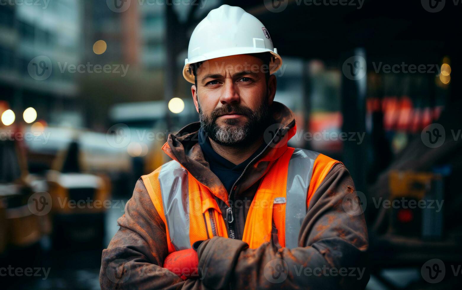 Construction worker man with hat and cross arms. Generative AI photo