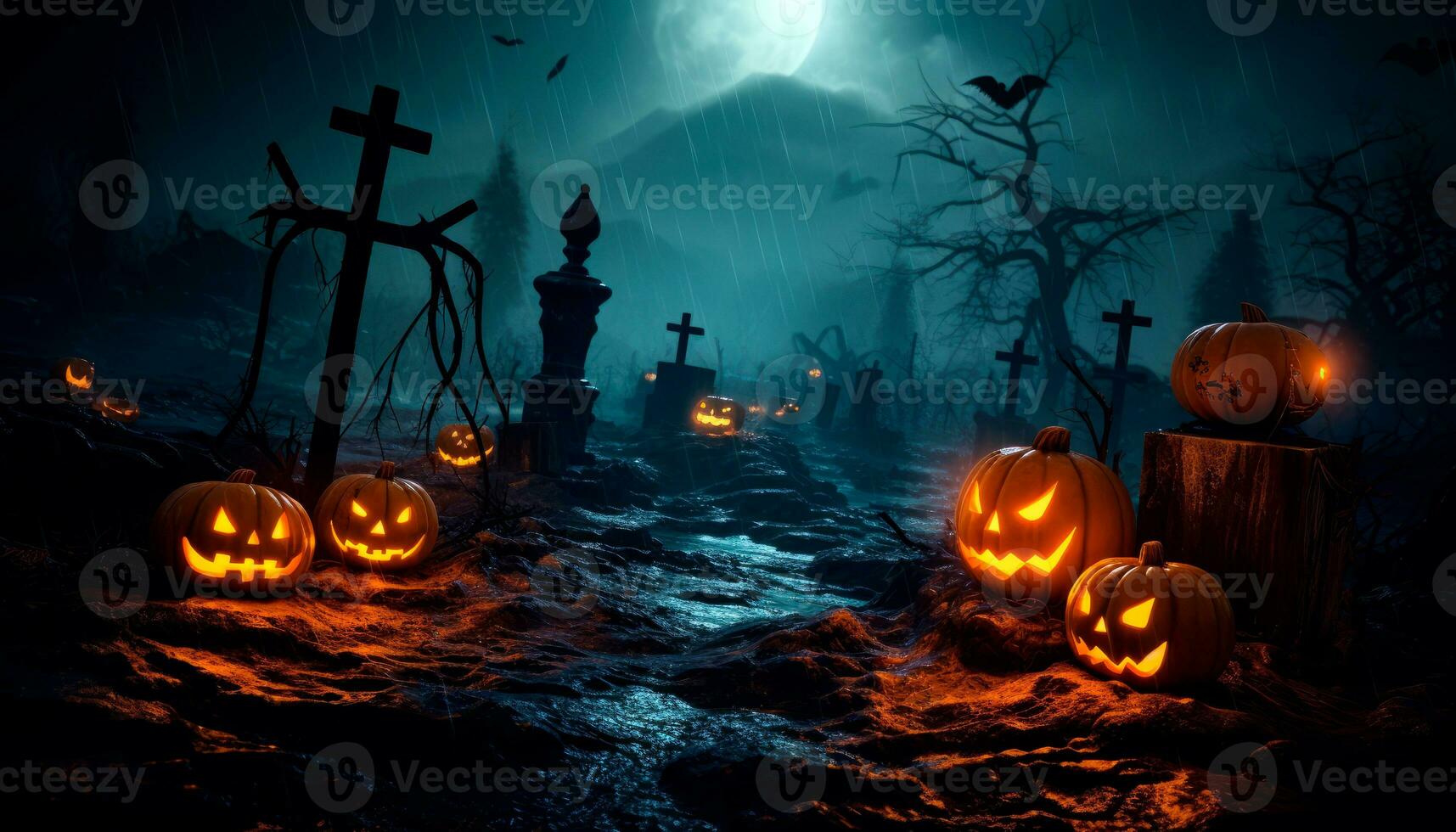 Halloween pumpkins in a spooky cementery night. Generative AI photo