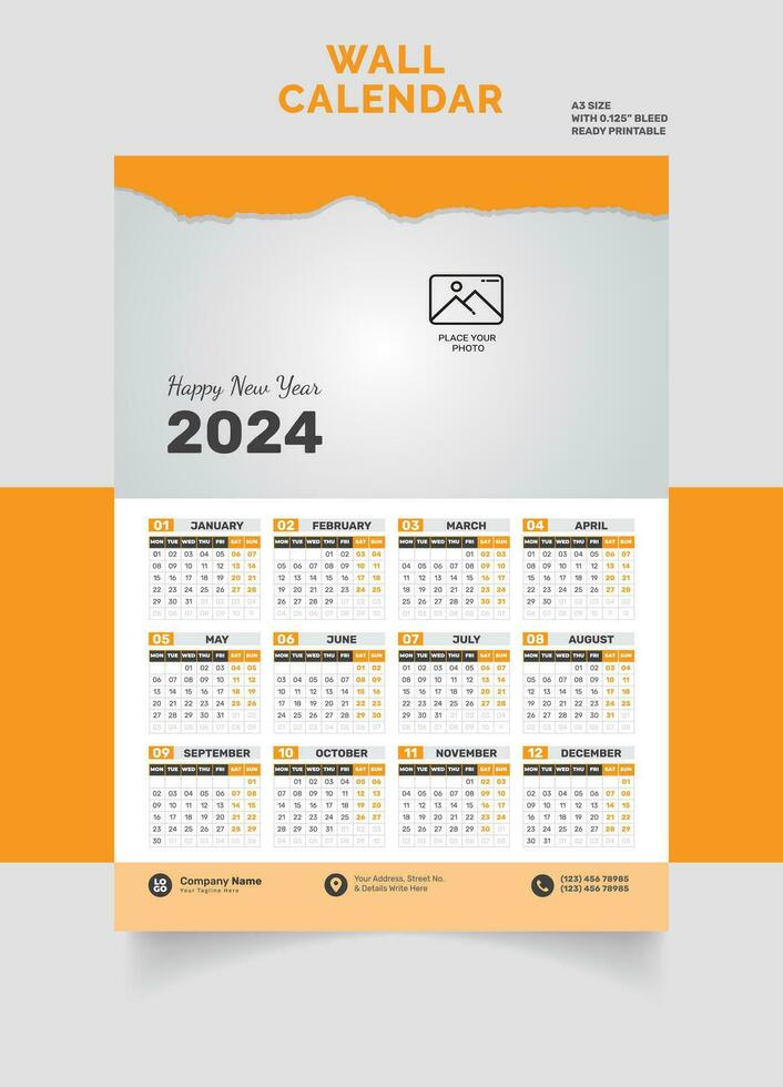 Wall Calendar 2024 Layout single page, one page,  Monthly Quarterly Calendar. Minimalism Style Landscape Calendar for 2024 year Vector Template