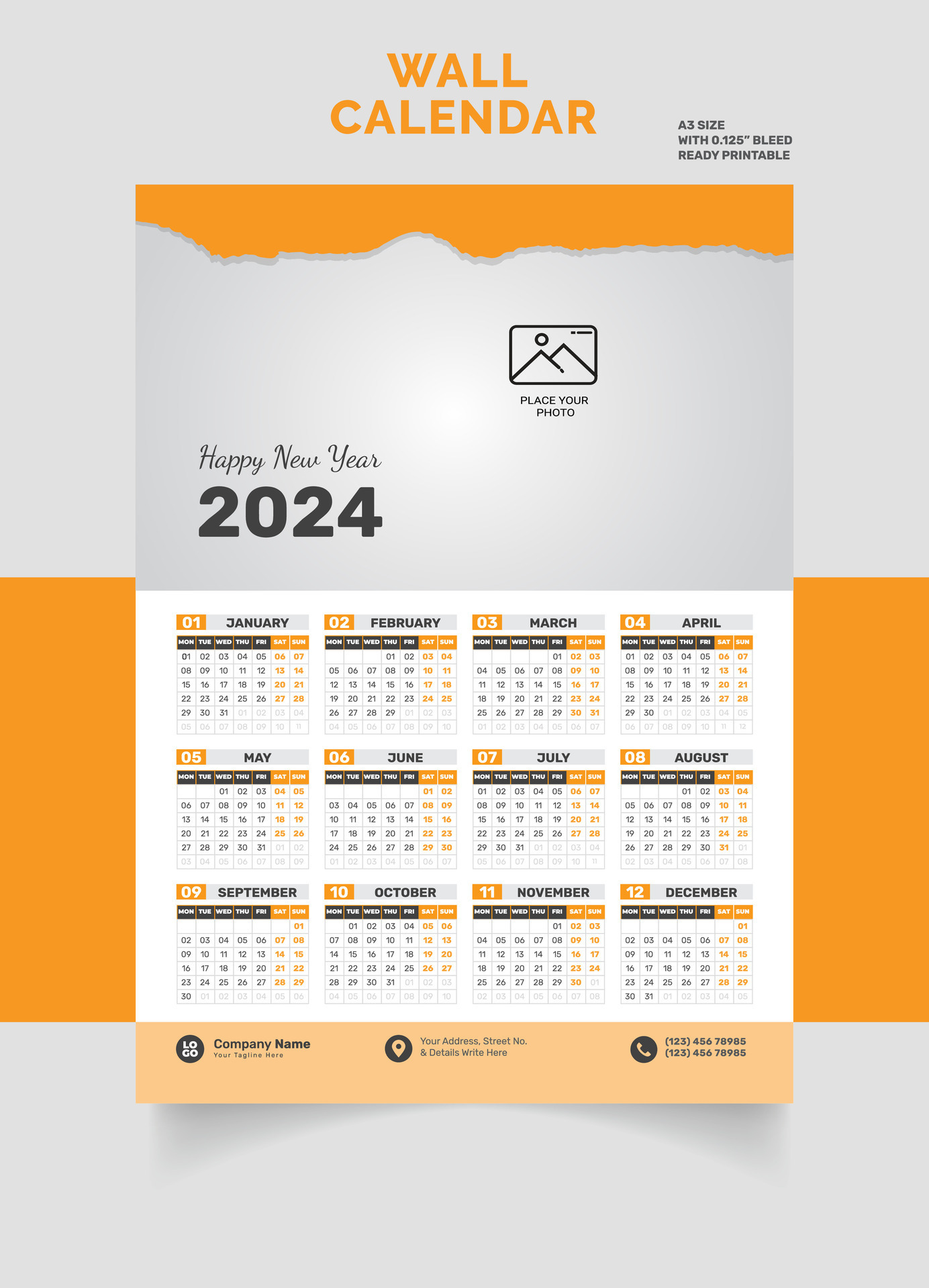 Wall Calendar 2024 Layout single page, one page, Monthly Quarterly