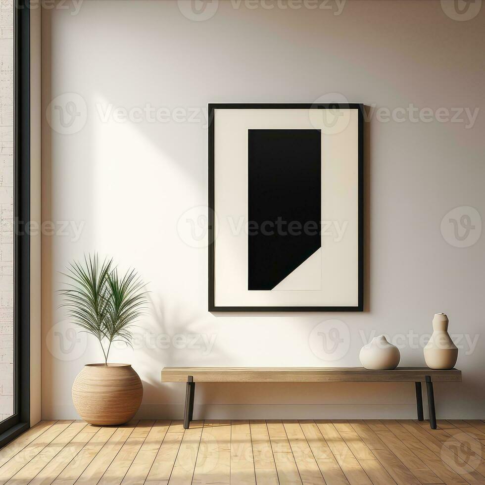 Black Frame on Wooden Floor Mark Gertler Style with Minimalist Spare Simplicity AI generated photo