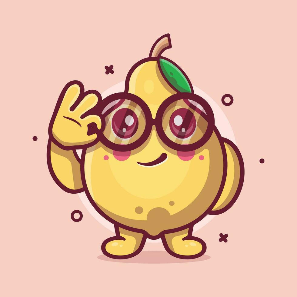 inteligente membrillo Fruta personaje mascota con Okay firmar mano gesto aislado dibujos animados en plano estilo diseño vector