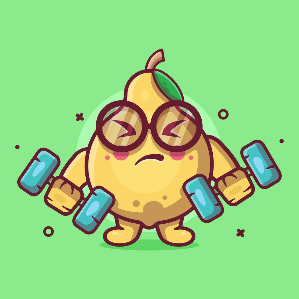 funny quince fruit character mascot doing bodybuilding using dumbbell isolated cartoon in flat style design vector