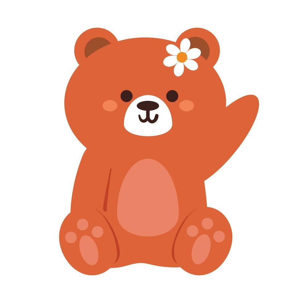mano dibujo dibujos animados oso vistiendo flor alfiler. linda animal pegatina vector