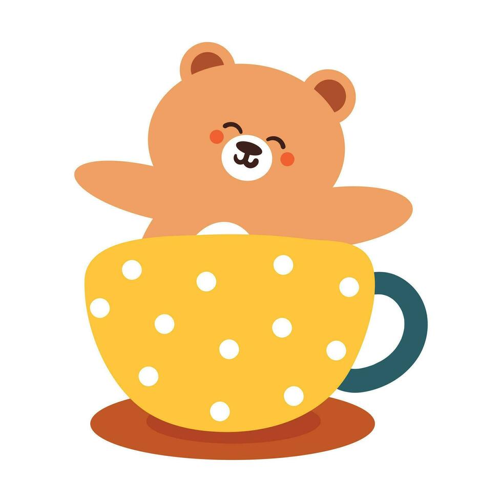 mano dibujo dibujos animados oso dentro un taza. linda animal pegatina vector