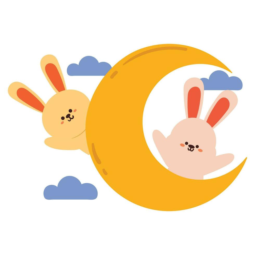 hand drawing cartoon bunny with moon. cute animal sticker with sky element vector