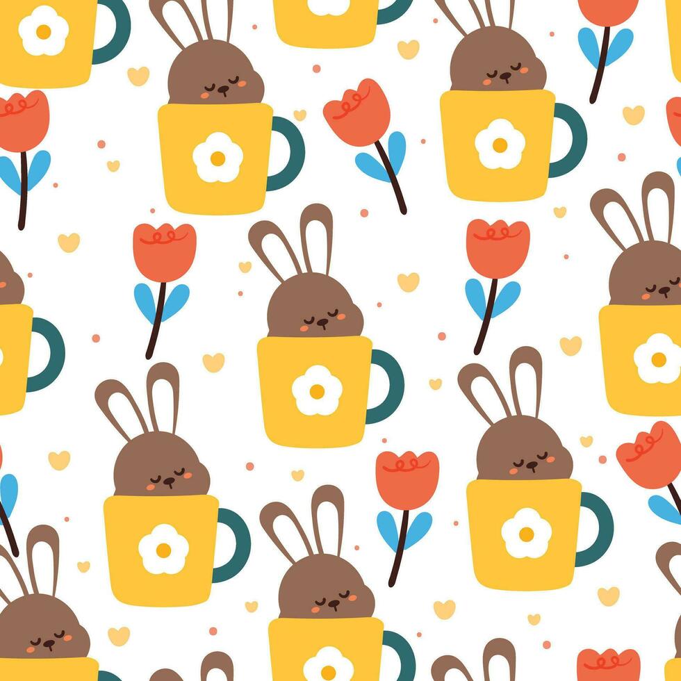 sin costura modelo dibujos animados conejito dentro un taza y flor. linda animal fondo de pantalla para textil, regalo envolver papel vector