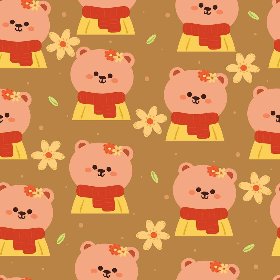 seamless pattern cartoon bear wearing scarf. cute animal wallpaper with flower illustration for gift wrap paper, winter wallpaper vector