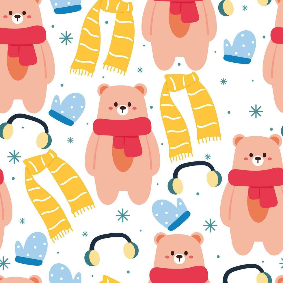 seamless pattern cartoon bear and winter stuff. cute winter wallpaper for gift wrap paper vector