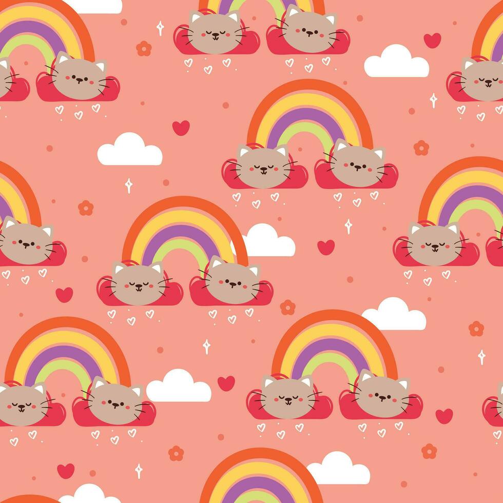 cute cat and rainbow with sky element seamless pattern, cute wallpaper for fabric print, gift wrap paper vector