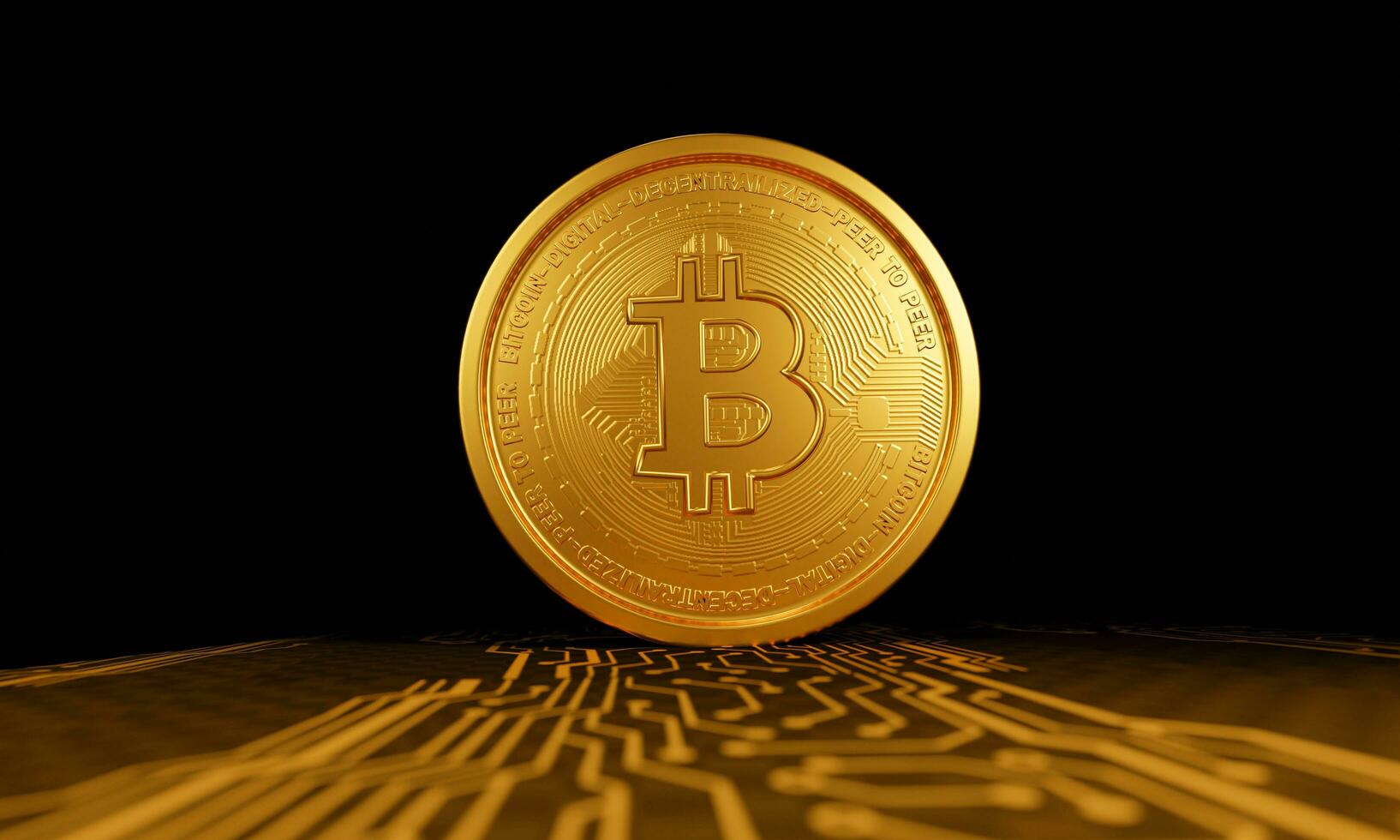 Gold Coin Digital Currency Symbol Bitcoin Cryptocurrency Digital currency exchange business. Online internet. Bitcoin on the surface of the electronic circuit pattern. Black background. 3D Rendering photo