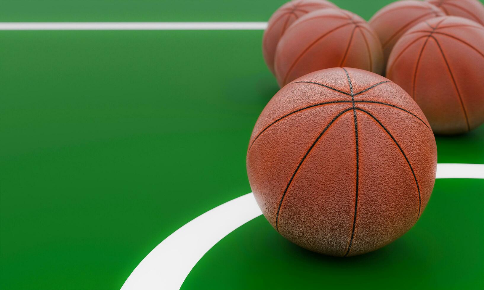 pelota de baloncesto colocada en el campo de juego verde. equipo de deportes de equipo. representación 3d foto