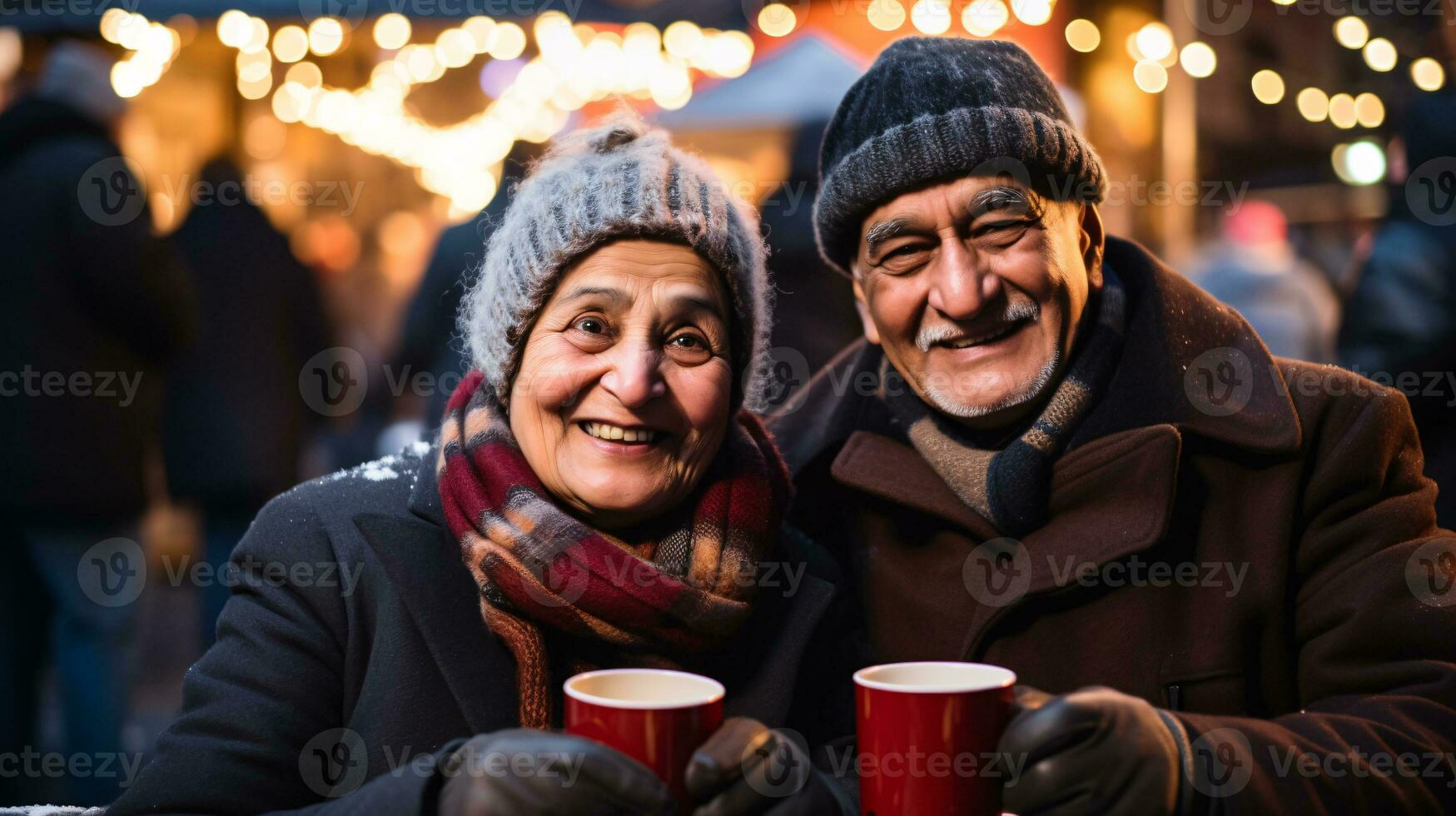 ai generative image of people in a christmas market looking at ornaments drinking mulled wine photo