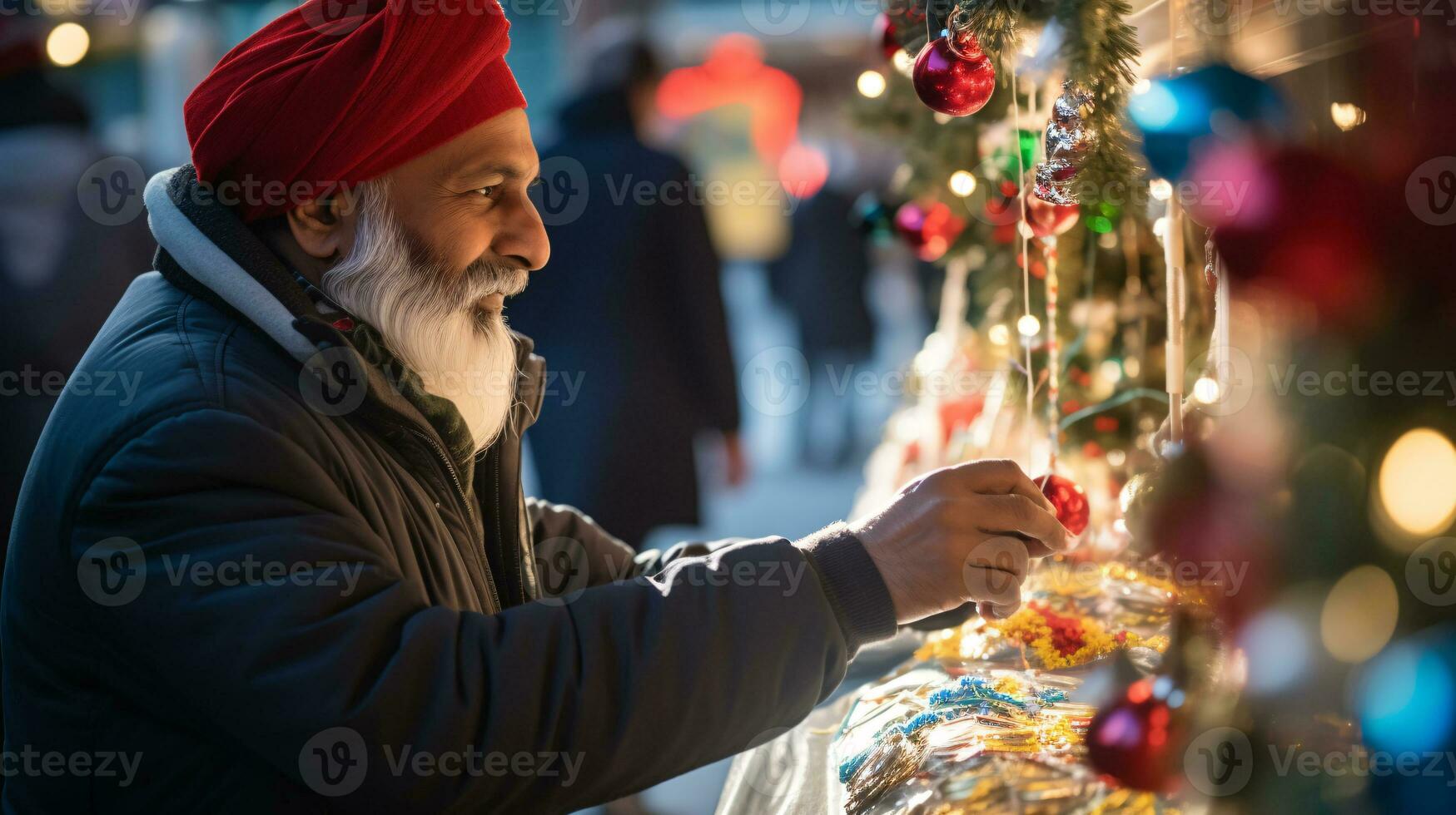 ai generative image of people in a christmas market looking at ornaments drinking mulled wine photo