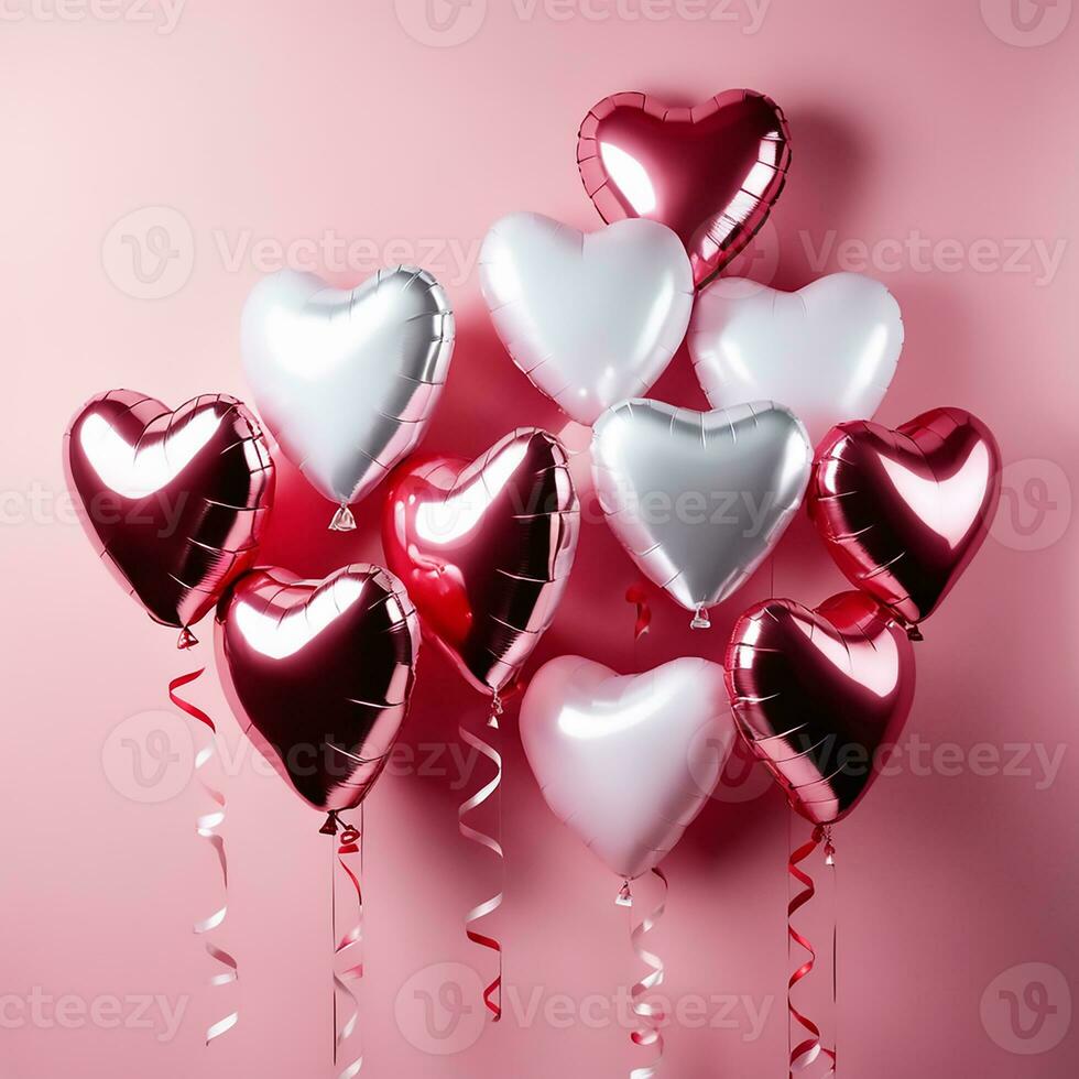 heart shaped balloons on pink background photo