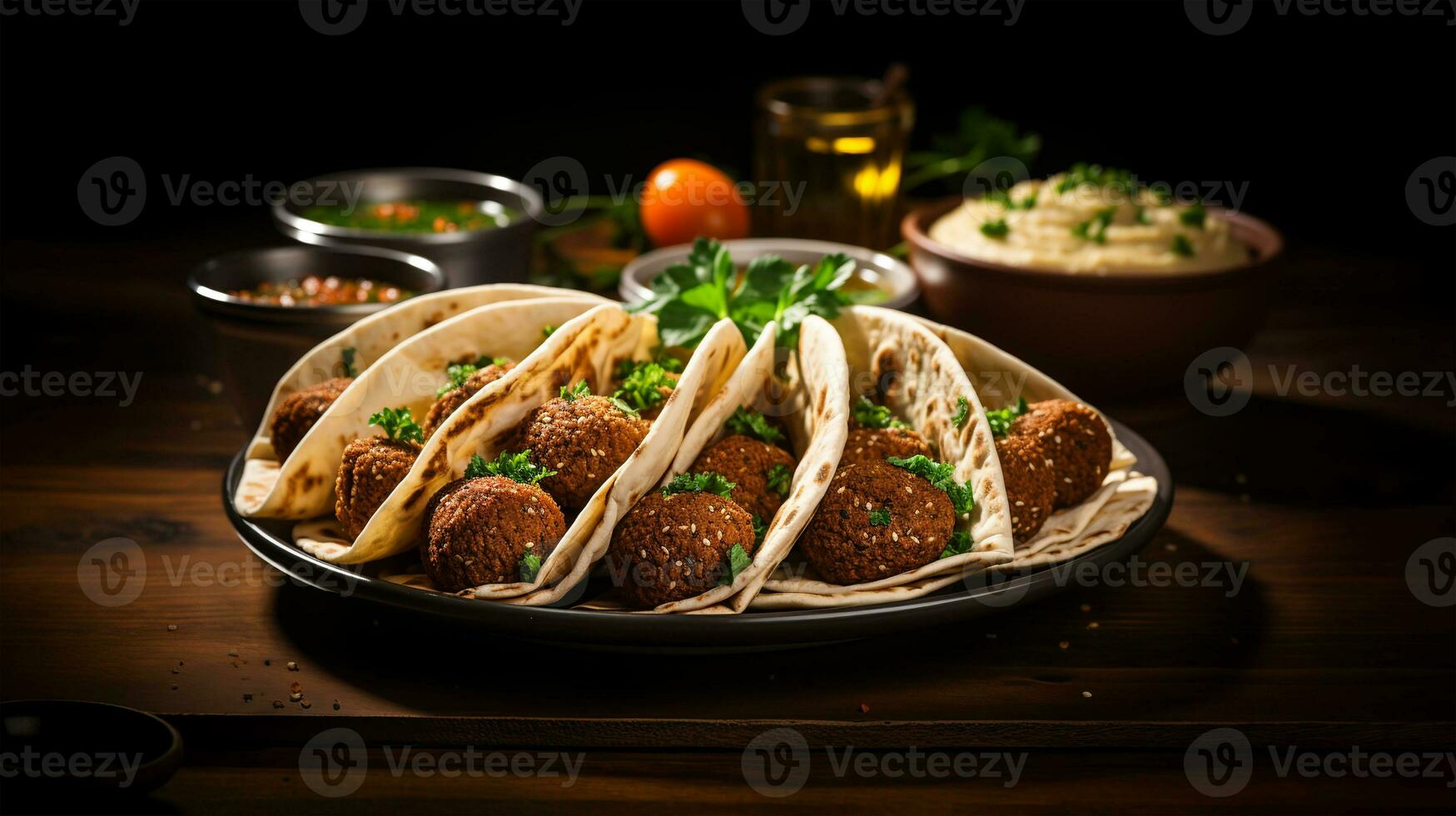 grande plato con falafel y ensalada en un oscuro fondo, restaurante concepto, ai generado foto