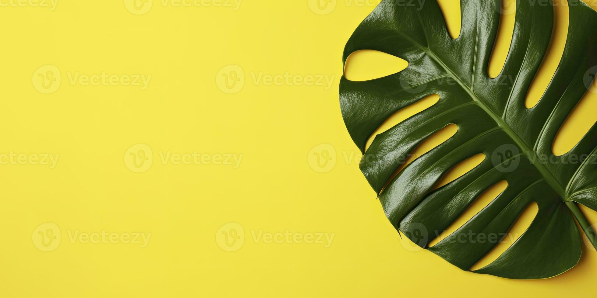 Tropical leaves monstera on yellow background. Empty space flat lay. Creative minimal summer concept. Generative AI photo