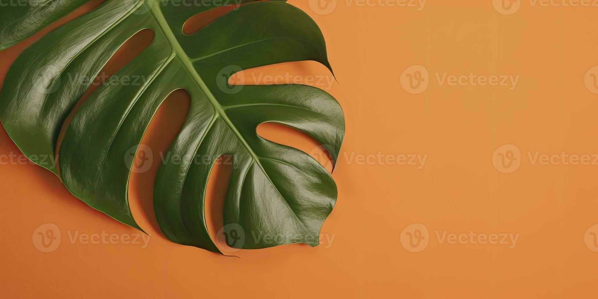 tropical hojas monstera en naranja antecedentes. vacío espacio plano poner. creativo mínimo verano concepto. generativo ai foto