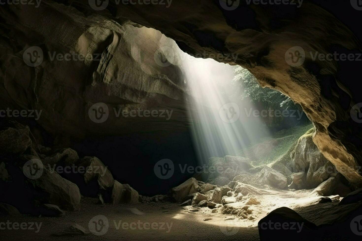 Cave with light shining from outside. Beautiful cave with sunlight. Generative AI photo