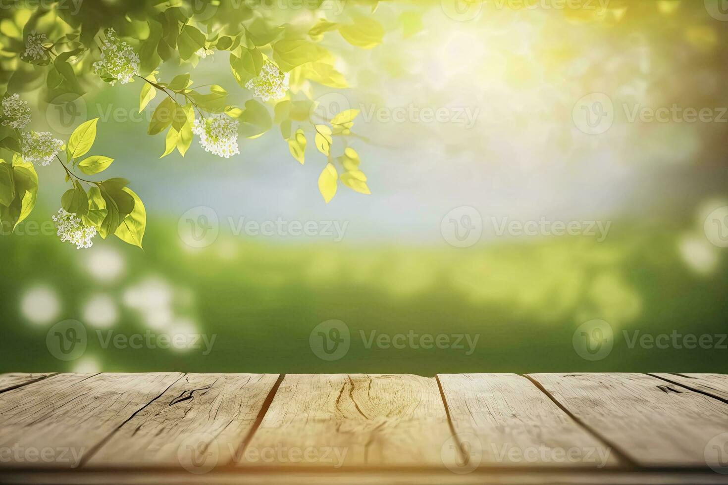 Beautiful spring background with green leaves and empty wooden table in nature outdoors.. Natural place with bokeh and sunlight. Picnic concept. Generative AI photo