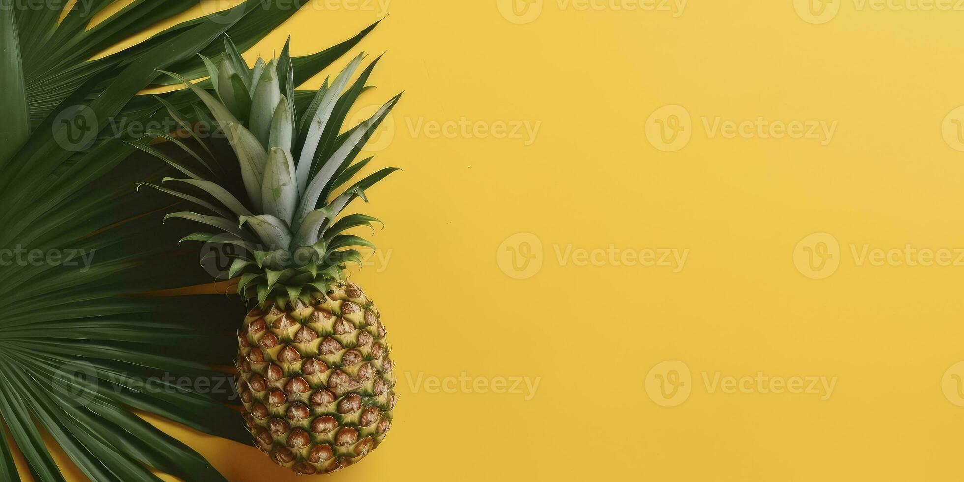 tropical piña y palma en amarillo antecedentes. vacío espacio plano poner. creativo mínimo verano concepto. generativo ai foto