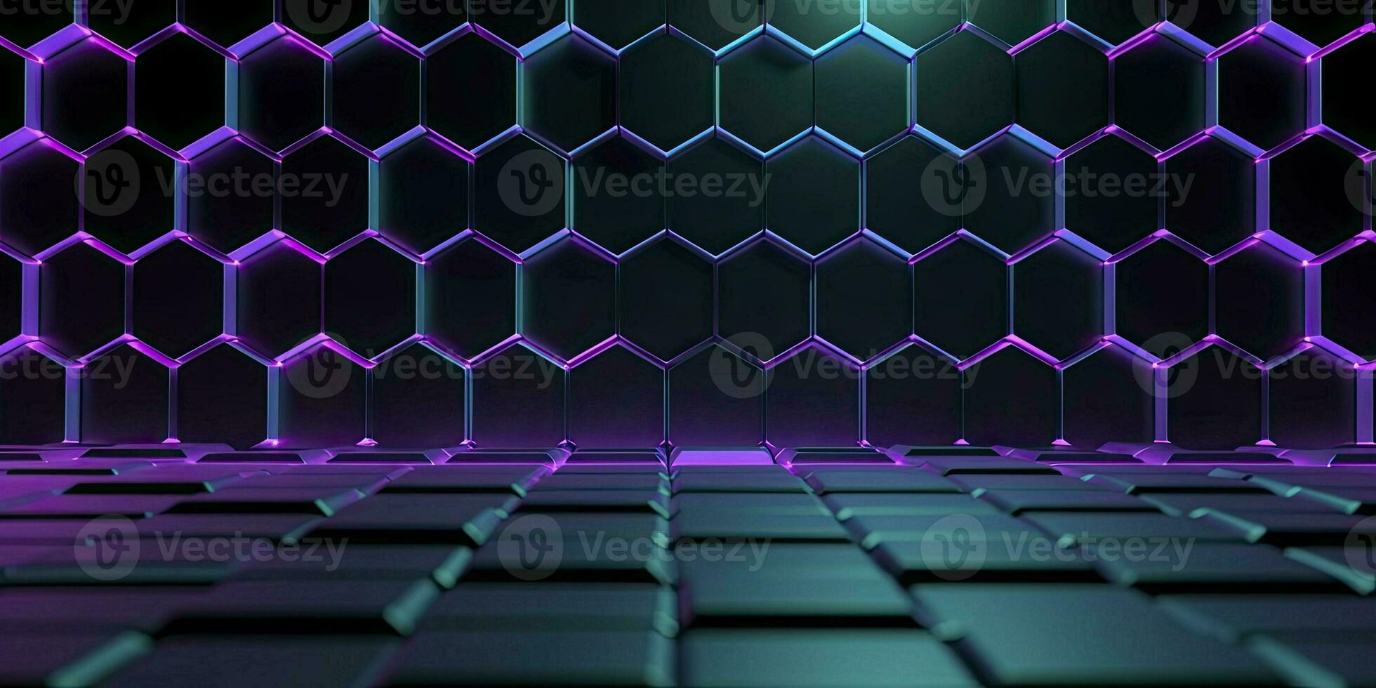 Geometry hexagon. Digital hexagon abstract background. Futuristic neon wall. Abstract background. Generative AI photo