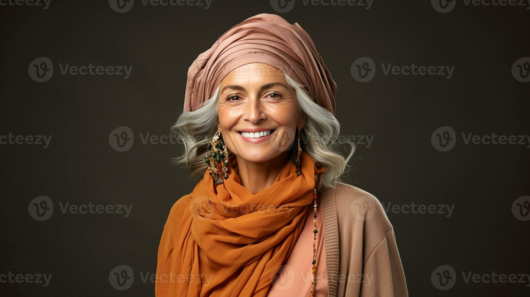 retrato de un hermosa mujer en años en otoño ropa, otoño, rojo amarillo y naranja colores, ai generado foto