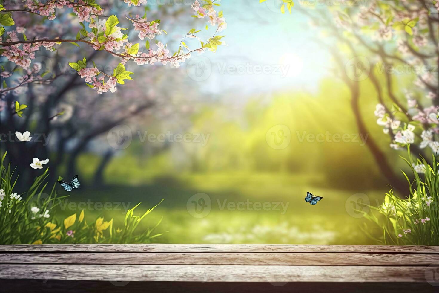 Spring table. Blossoms and butterfly in sunny garden with defocused lights. Wood table with pink cherry blossom flower. Generative AI photo