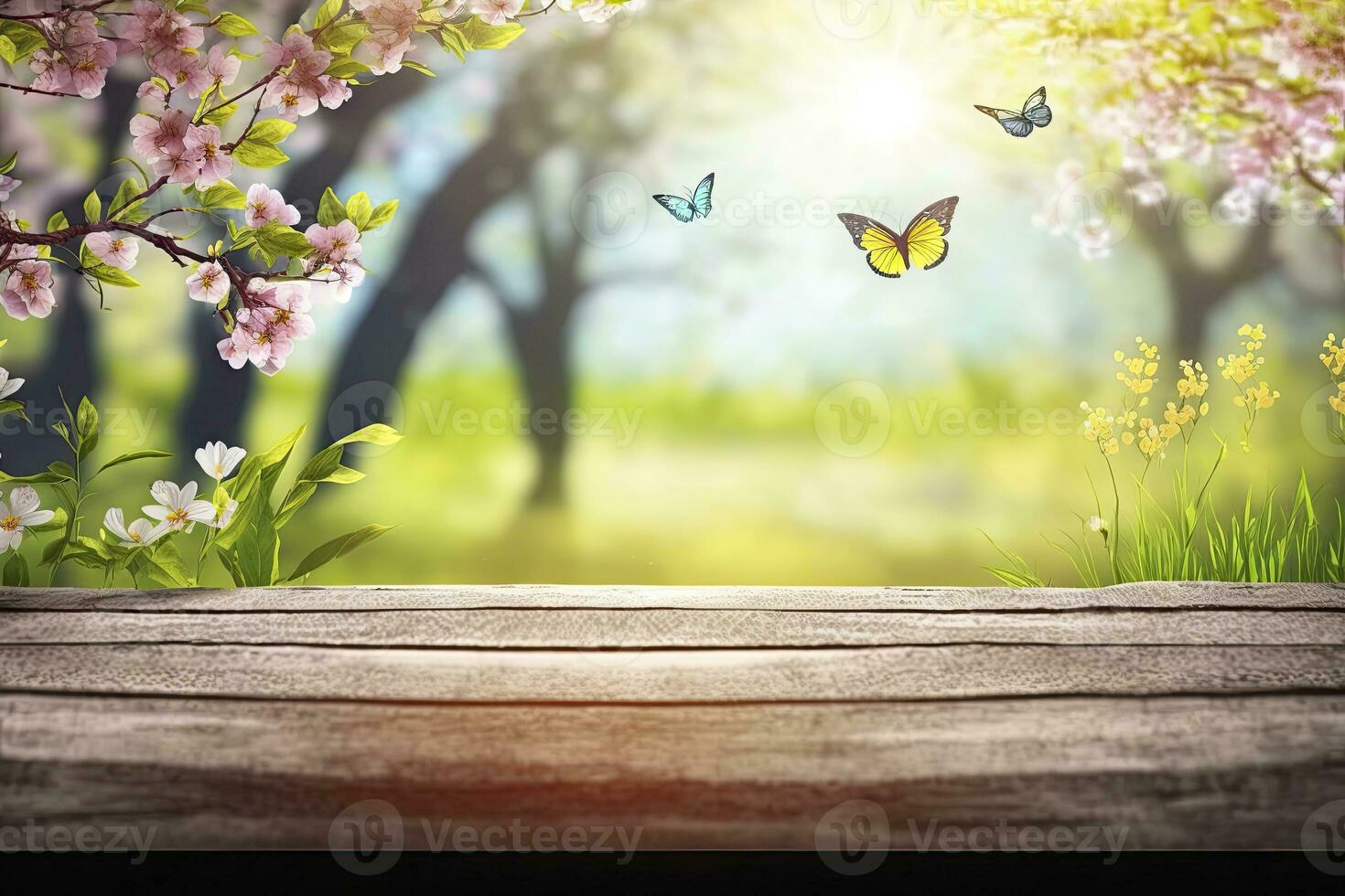 Spring table. Blossoms and butterfly in sunny garden with defocused lights. Wood table with pink cherry blossom flower. Generative AI photo