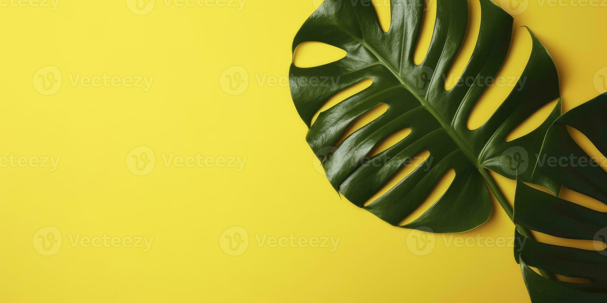 Tropical leaves monstera on yellow background. Empty space flat lay. Creative minimal summer concept. Generative AI photo