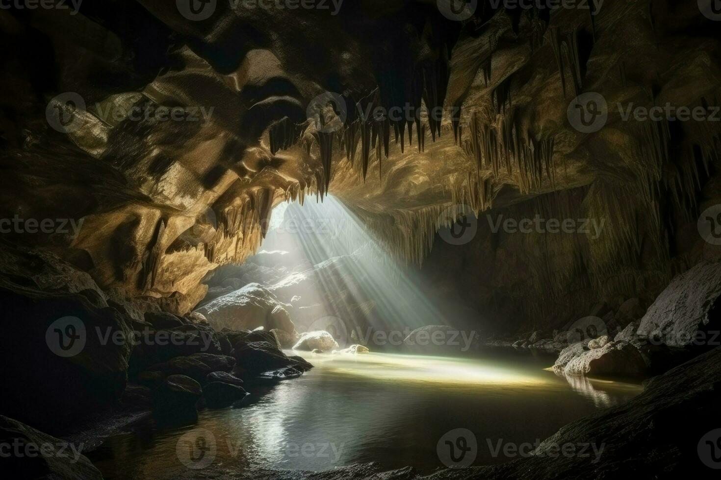 Beautiful cave with water flowing inside. Cave with a river inside. Generative AI photo