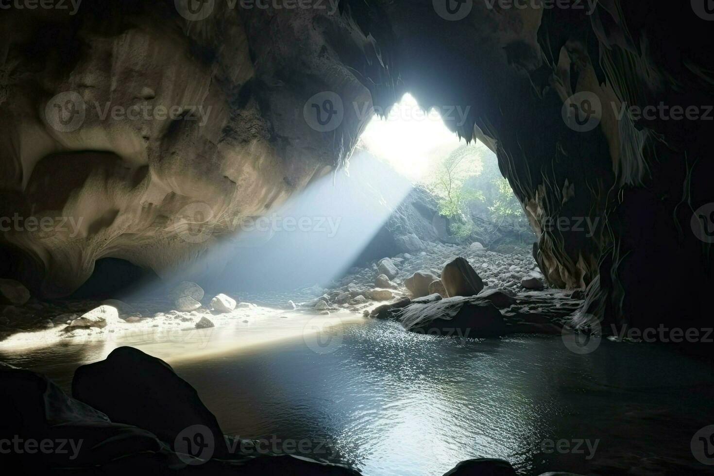 Beautiful cave with water flowing inside. Cave with a river inside. Generative AI photo