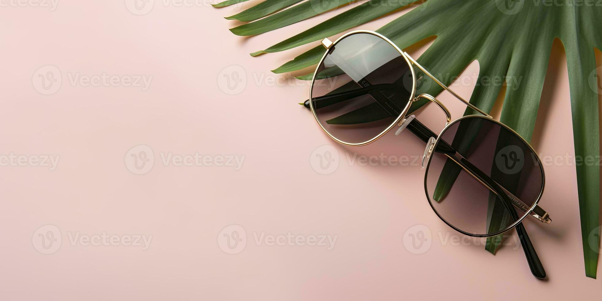 Tropical palm leaves with sunglasses on pink background. Empty space flat lay. Creative minimal summer concept. Generative AI photo