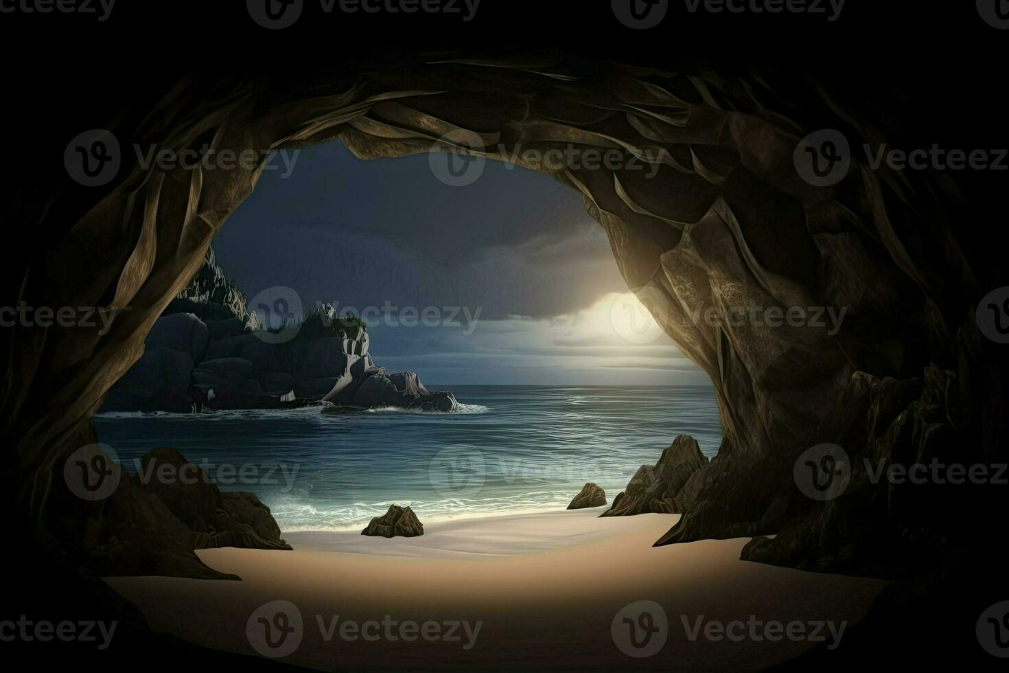 Beautiful beach visible from inside the cave. View from the cave a sandy beach along the ocean. Generative AI photo