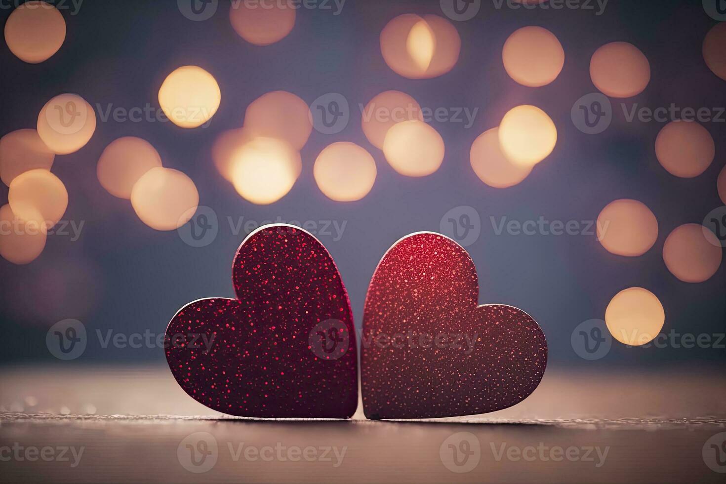 Bokeh love. Two red hearts on bokeh background. The red heart shapes on abstract light glitter background in love concept for romantic moment. Generative AI photo