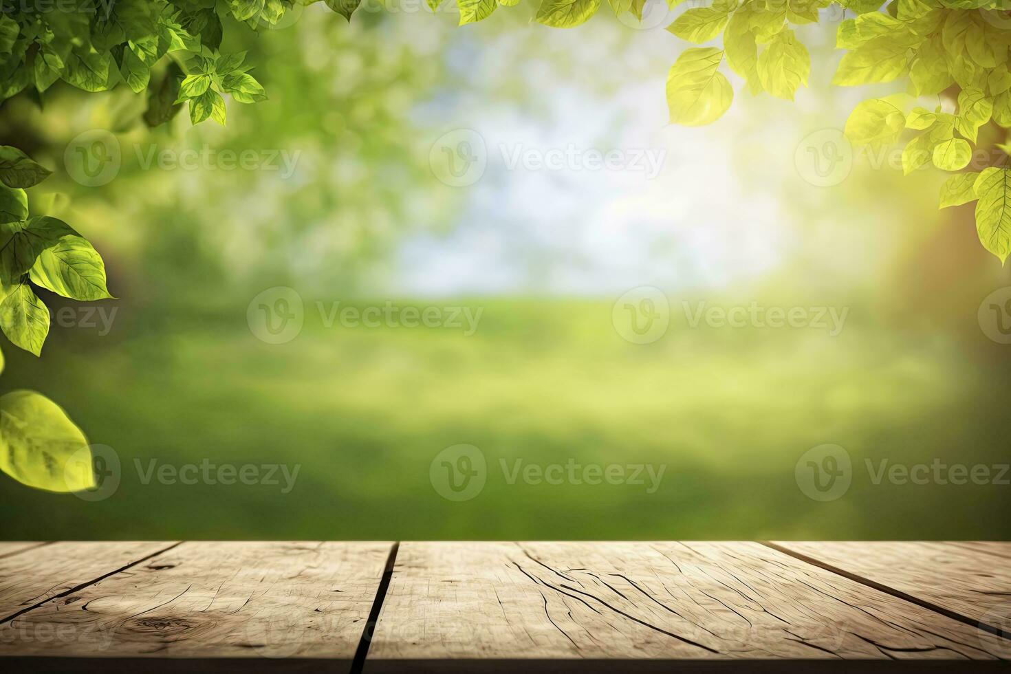 Beautiful spring background with green leaves and empty wooden table in nature outdoors.. Natural place with bokeh and sunlight. Picnic concept. Generative AI photo