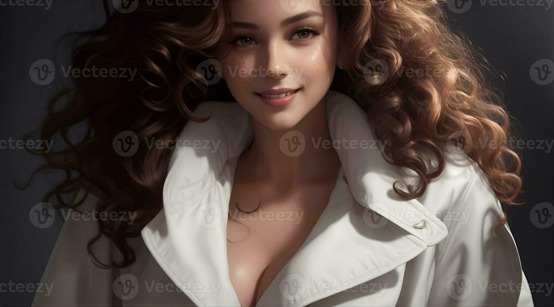 hermosa niña sexy moden con blanco abrigo, ai generativo foto