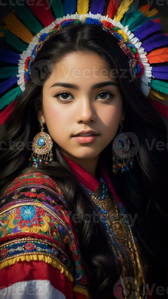 Beautiful Hispanic Heritage Girl, Celebrating Culture Woman Traditional Dress With Makeup, AI Generative photo