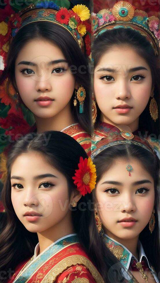 Beautiful Hispanic Heritage Girl, Celebrating Culture Woman Traditional Dress With Makeup, AI Generative photo