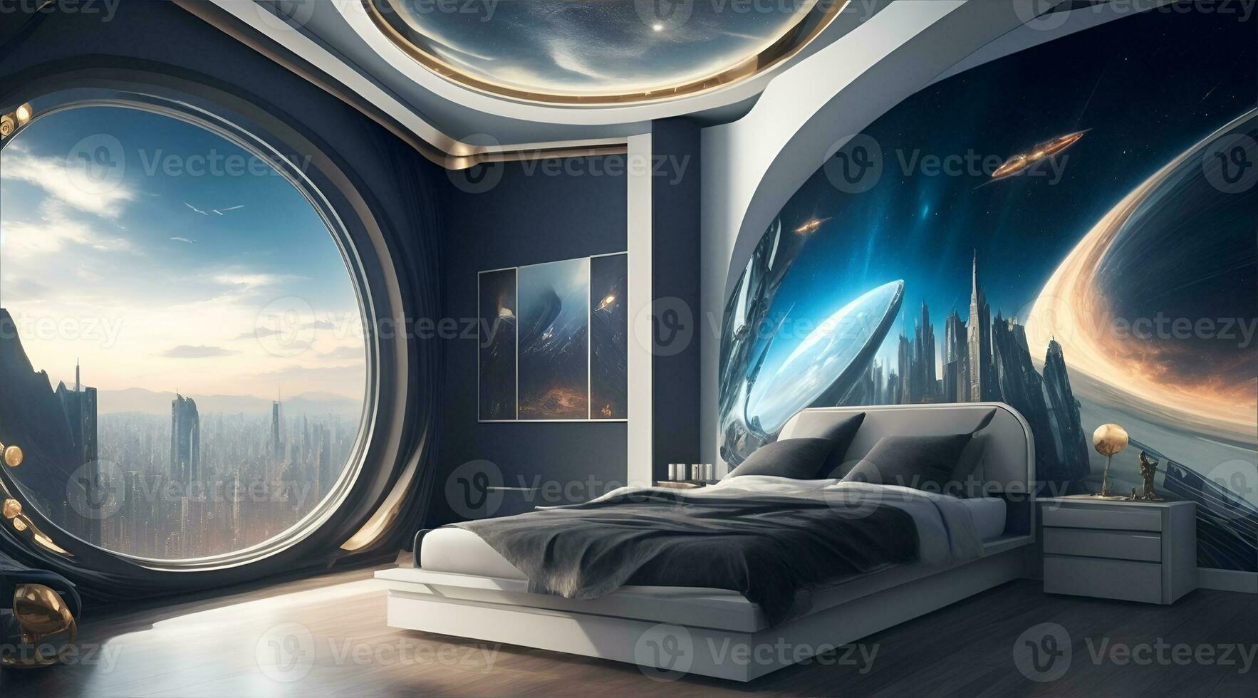 Futuristic High Tech Luxury Cyberpunk Sci Fi Living Room Modern Interior Bedroom, AI Generative photo