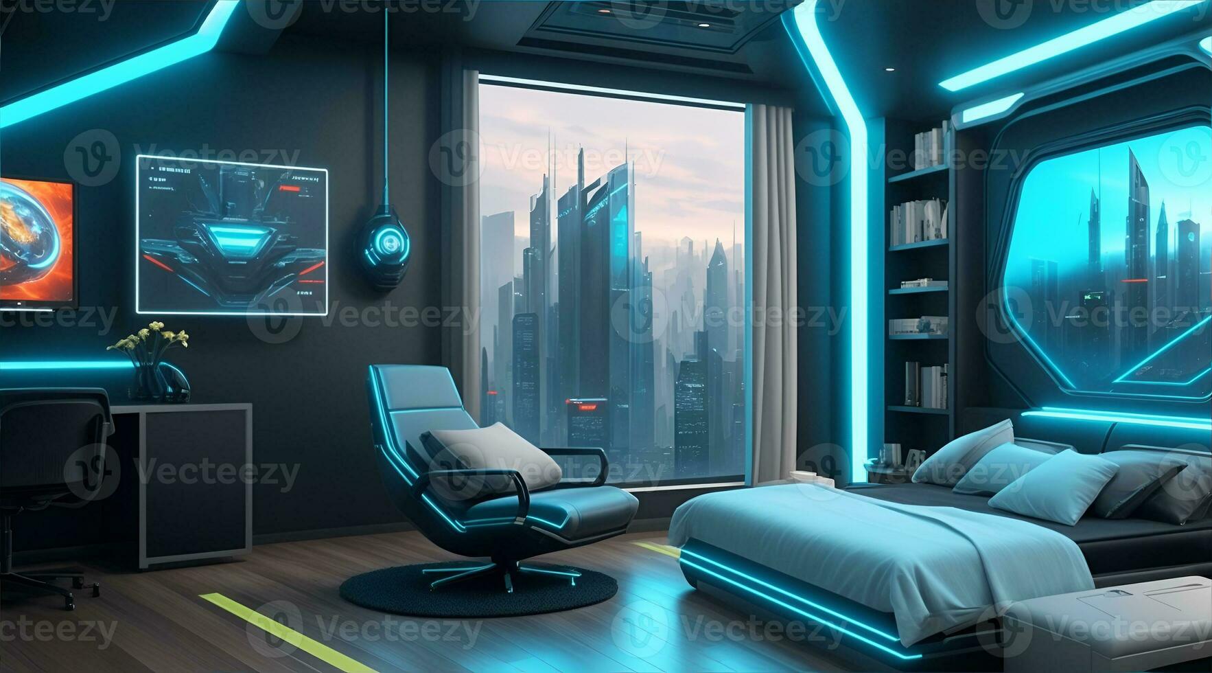 Futuristic High Tech Luxury Cyberpunk Sci Fi Living Room Modern Interior Bedroom, AI Generative photo