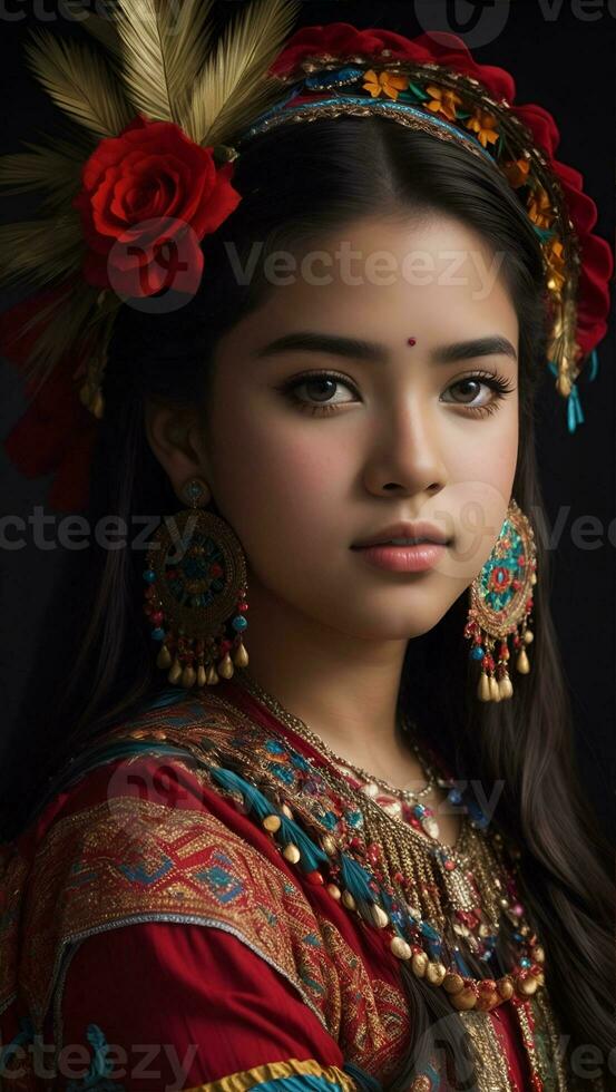 Beautiful Hispanic Heritage Girl, Celebrating Culture Woman Traditional Dress With Makeup, AI Generative photo