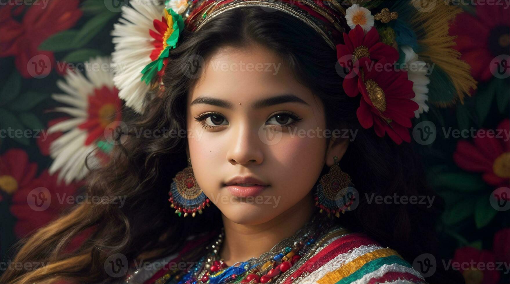 hermosa Hispano patrimonio chica, celebrando cultura mujer tradicional vestir con constituir, ai generativo foto