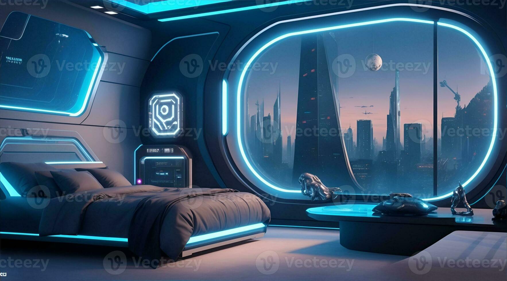 Futuristic High Tech Luxury Cyberpunk Sci Fi Living Room Modern Interior Bedroom, AI Generative photo