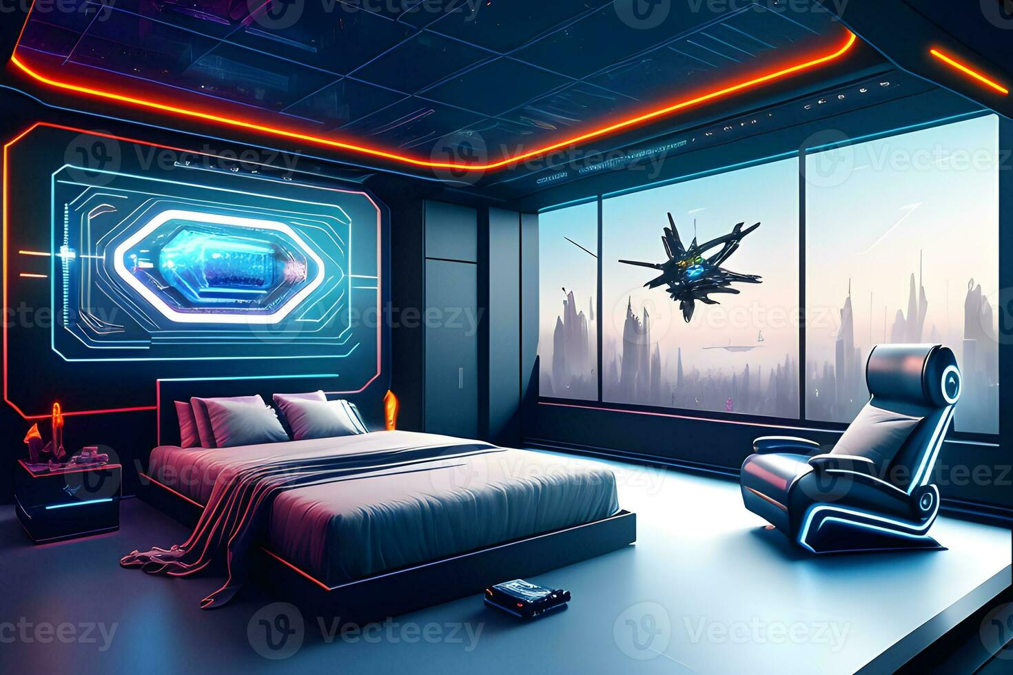 futurista alto tecnología lujo cyberpunk ciencia fi vivo habitación moderno interior dormitorio, ai generativo foto