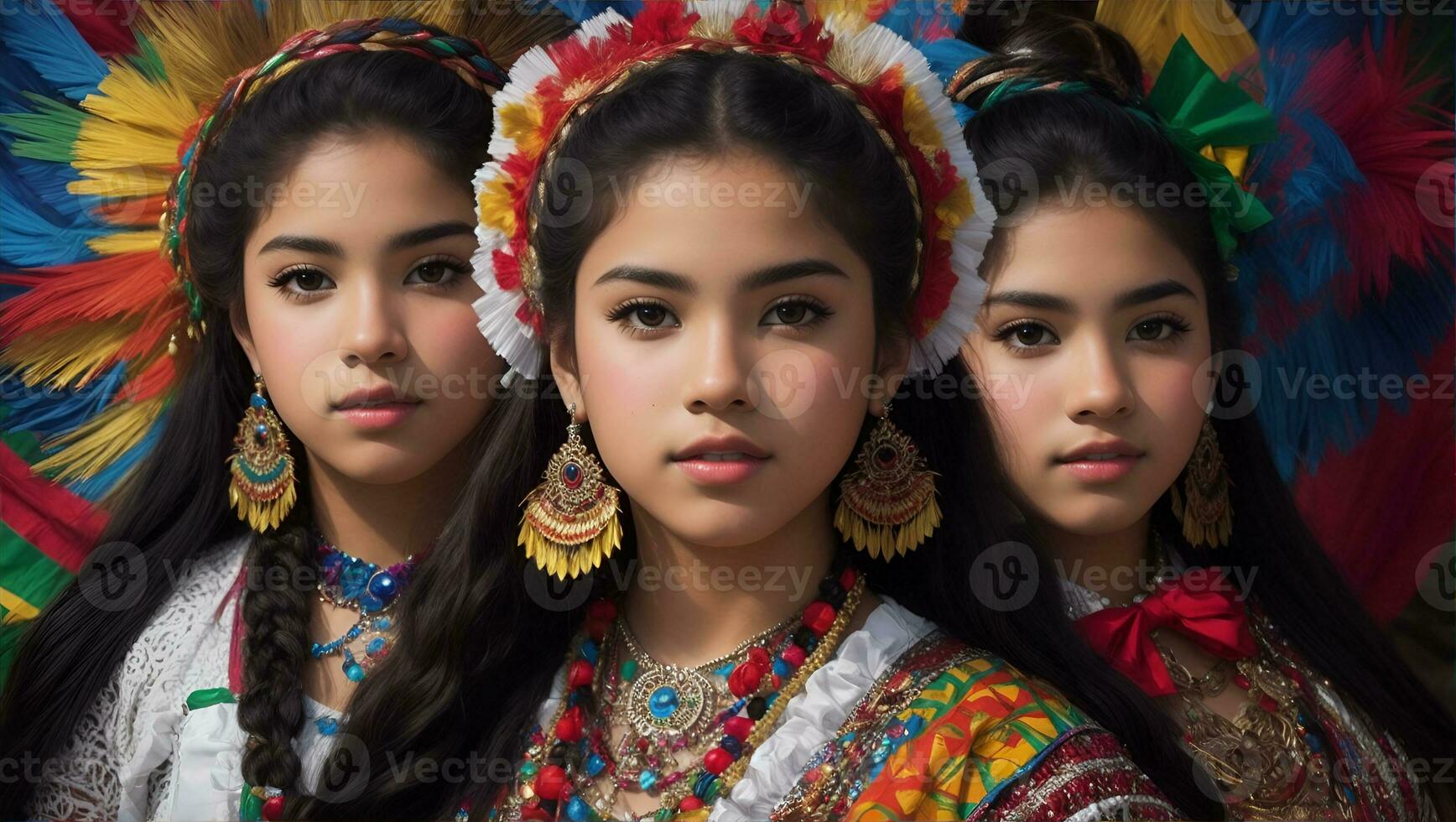 Beautiful Hispanic Heritage Girl, Celebrating Culture Woman Traditional Dress With Makeup, AI Generative photo