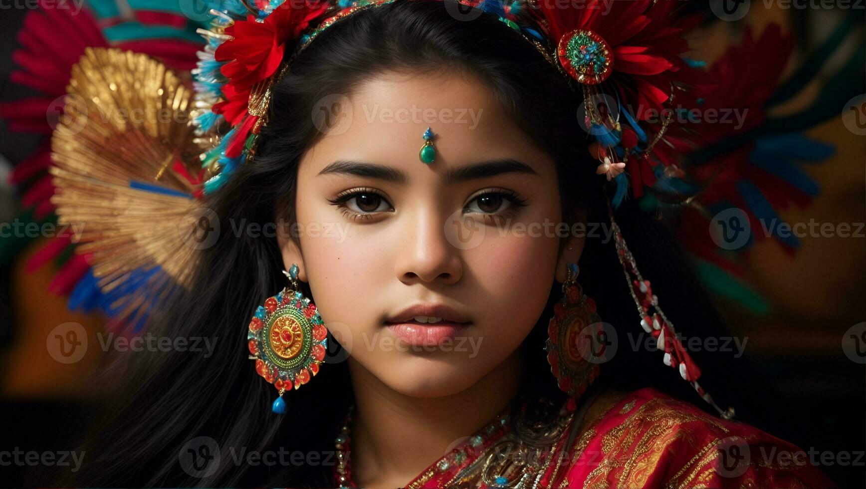 Beautiful Hispanic Heritage Girl, Celebrating Culture Woman Traditional Dress With Makeup, AI Generative photo